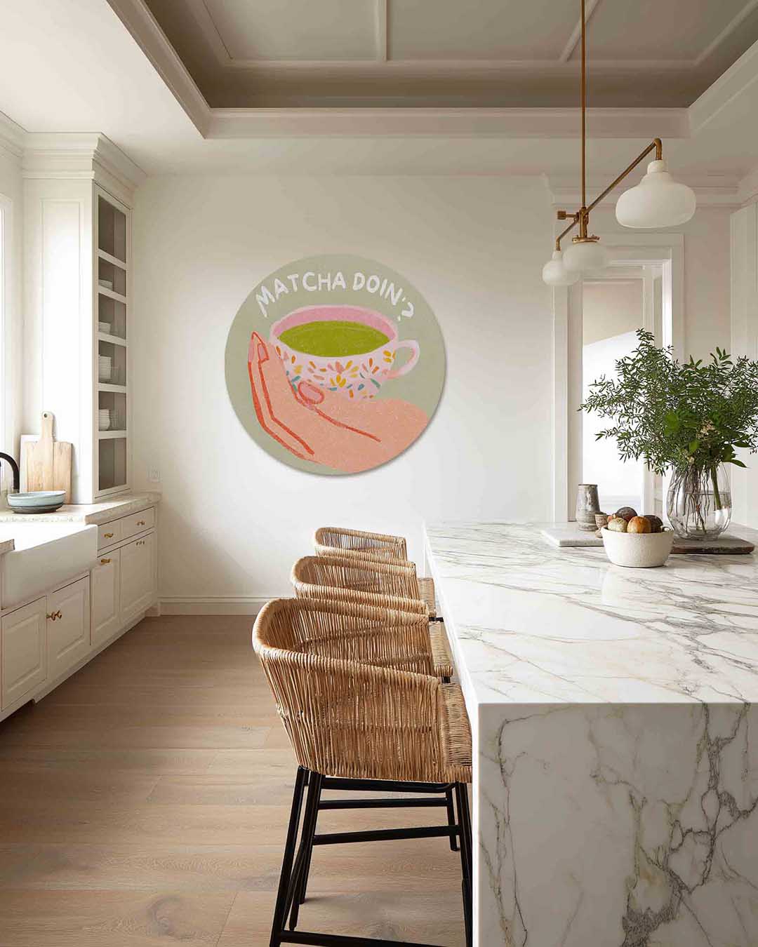 Matcha theekopje – abstracte muurcirkel als ronde wanddecoratie