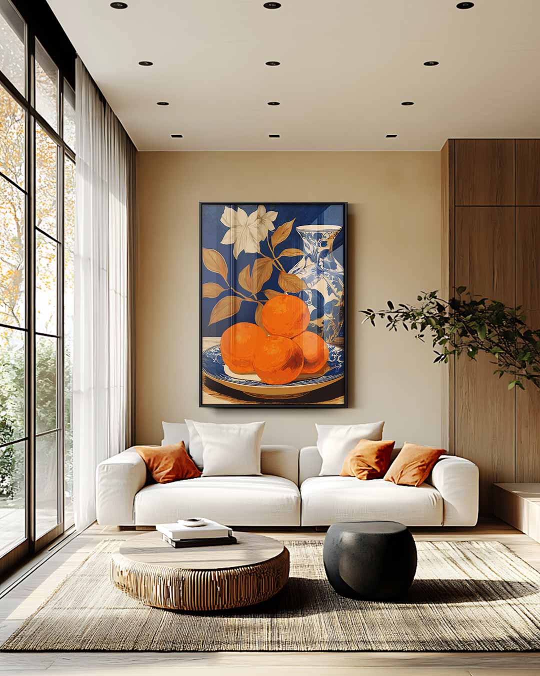 Stilleven met Sinaasappels en Vaas – plexiglas wanddecoratie in portret formaat