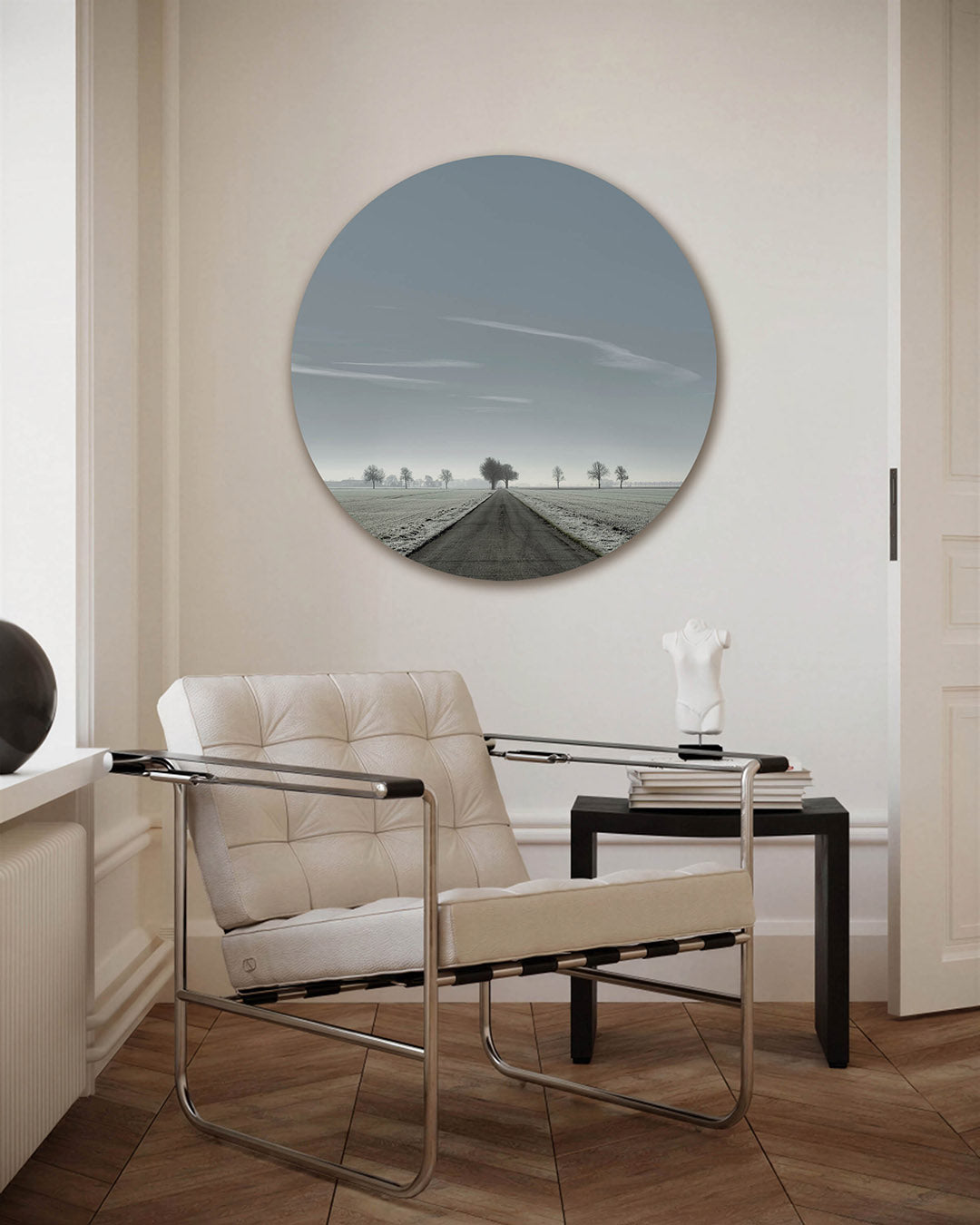Lange weg met bomen – fotografische muurcirkel voor aan de muur