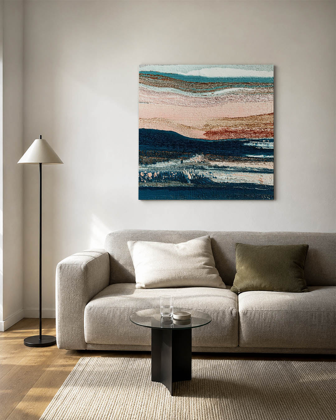 Gelaagde kleurencompositie kunstwerk – vierkante wanddecoratie – dit werk toont een dynamische mix van horizontale lijnen en