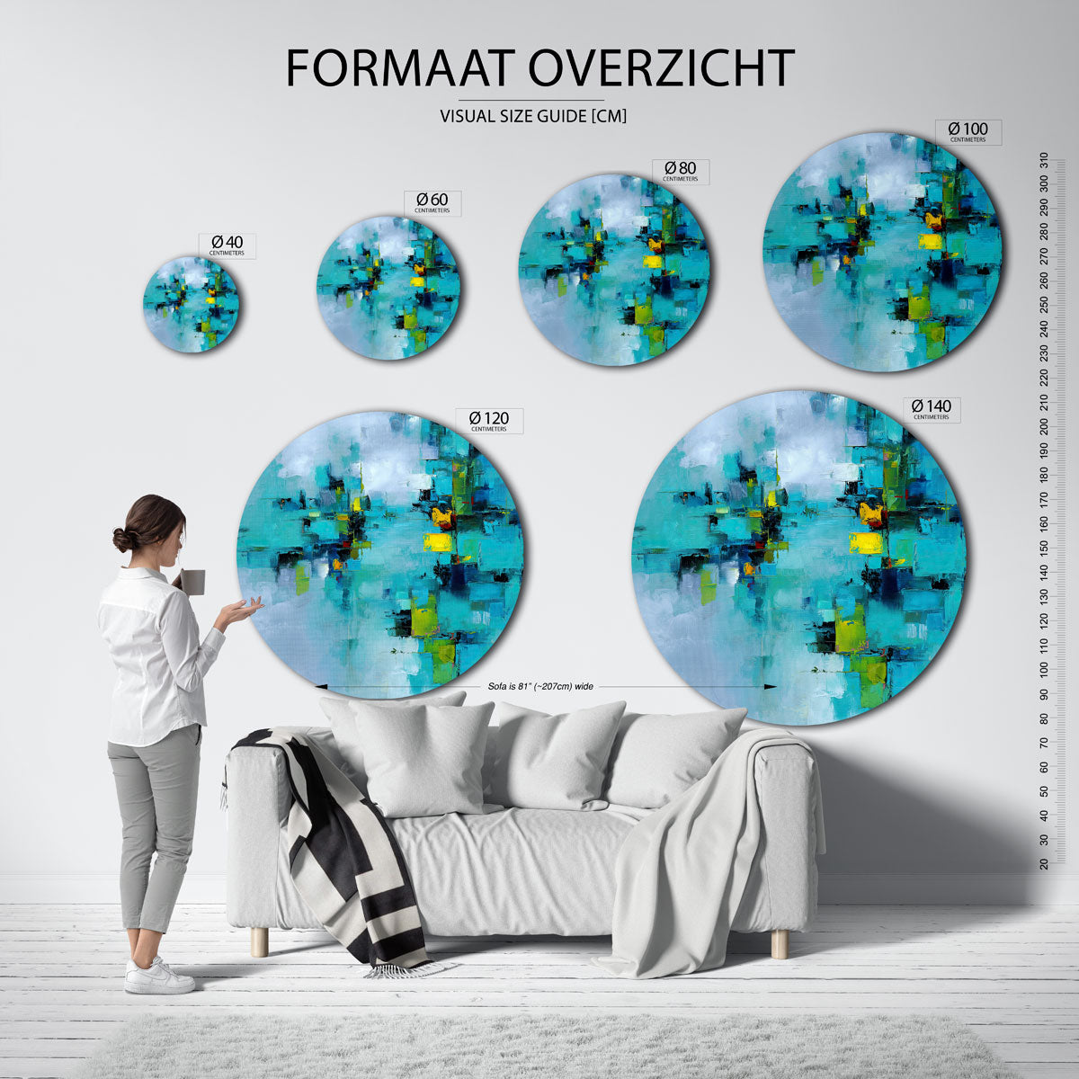 Abstracte blauwe – moderne ronde muurdecoratie met abstracte vormen