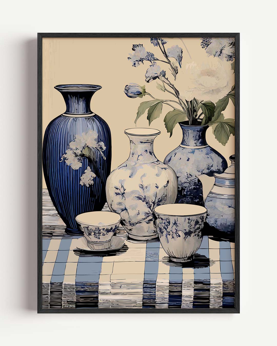 Elegant Blauwe Vaas Bloemen – keuken portret poster als wanddecoratie