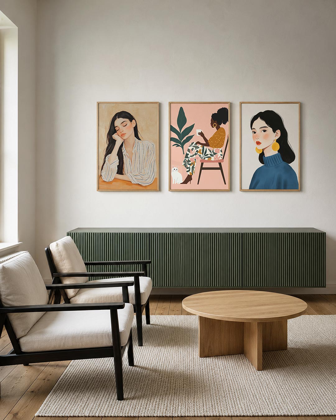 Rustige droom posterset – tweede productweergave – een compositie met zachte huidtinten en een gestreepte