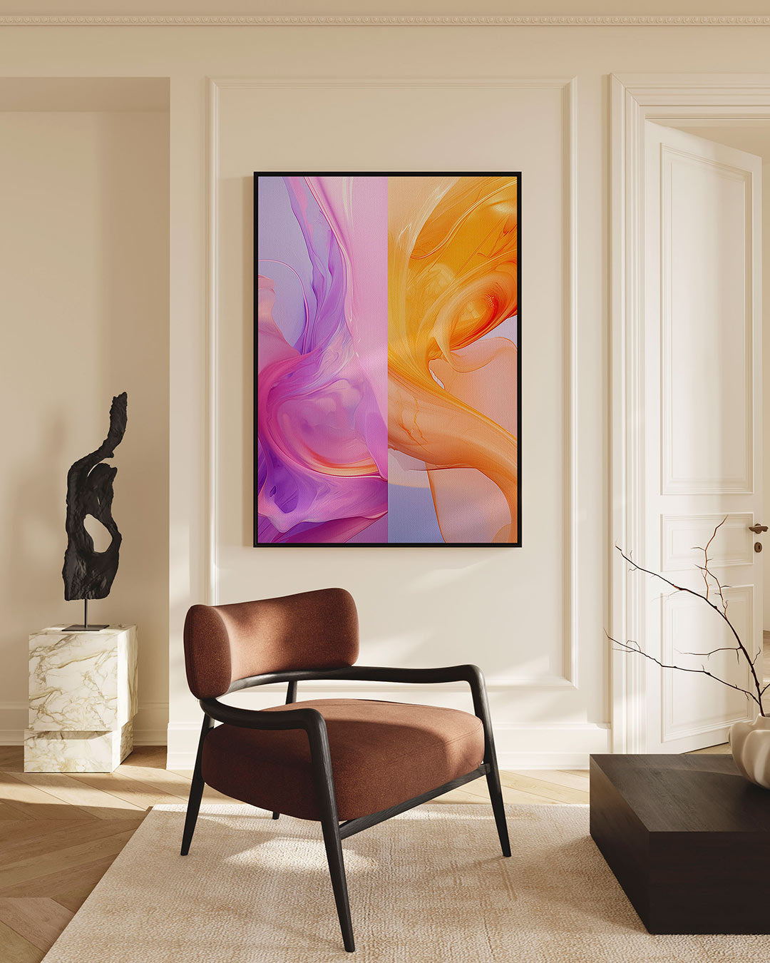 Vloeiende kleurencompositie – Oranje – staande wanddecoratie
