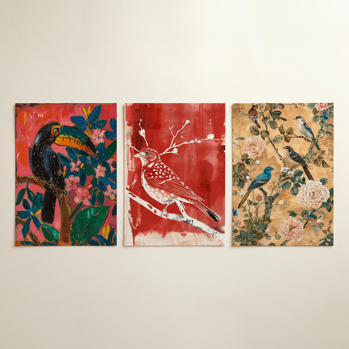 Vogel en bloemen posterset – detailweergave – een kleurrijke vogel met een opvallende snavel zit te