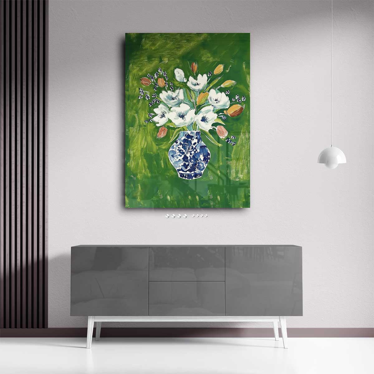 Bloemenpracht in Blauwe Vaas – plexiglas wanddecoratie in portret formaat