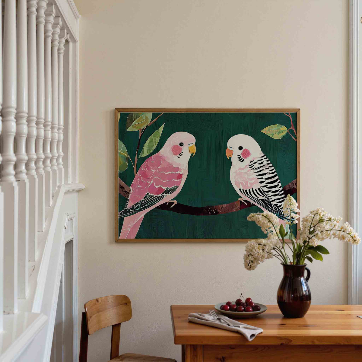 Twee parkieten op tak – dieren poster in liggend formaat