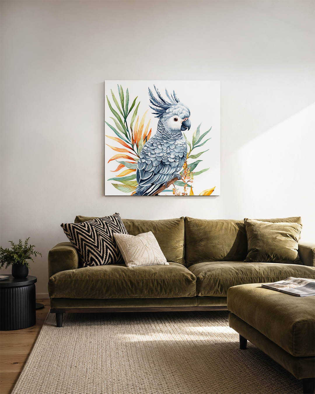 Vrolijke papegaai kunstwerk – sfeerbeeld – dit werk toont een gedetailleerde papegaai met levendige bladeren. De compositie