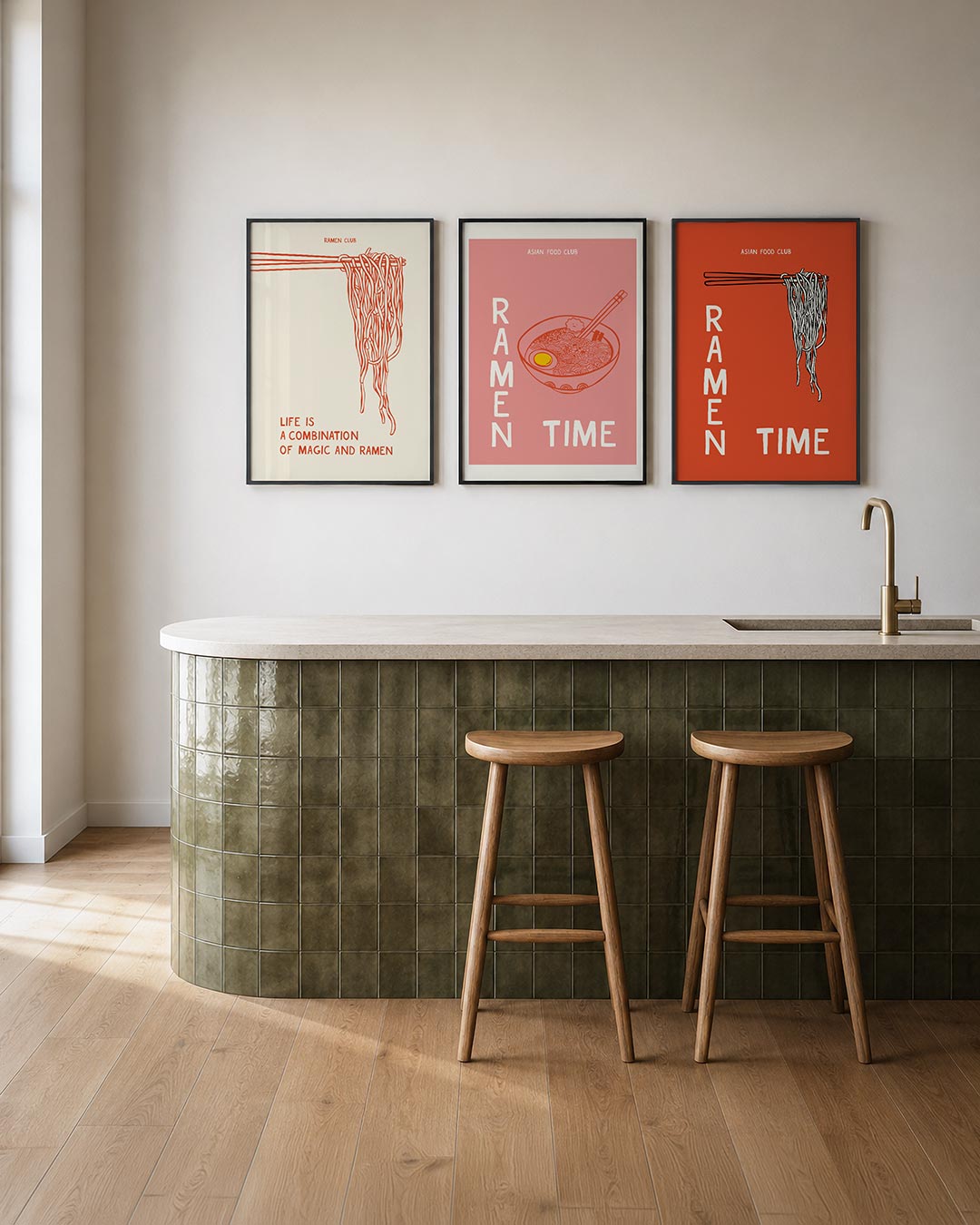 Lijnen en noodles posterset – tweede productweergave – een speelse tekening van oranje lijnen die een bosje