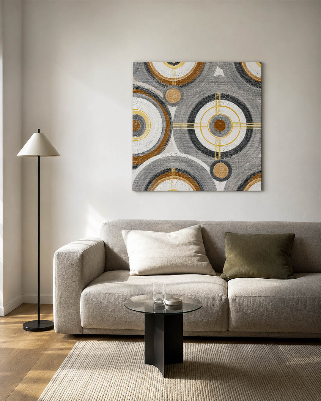 Cirkelpatroon met lijnen kunstwerk – vierkante wanddecoratie – dit werk toont een dynamisch patroon van cirkels en lijnen in