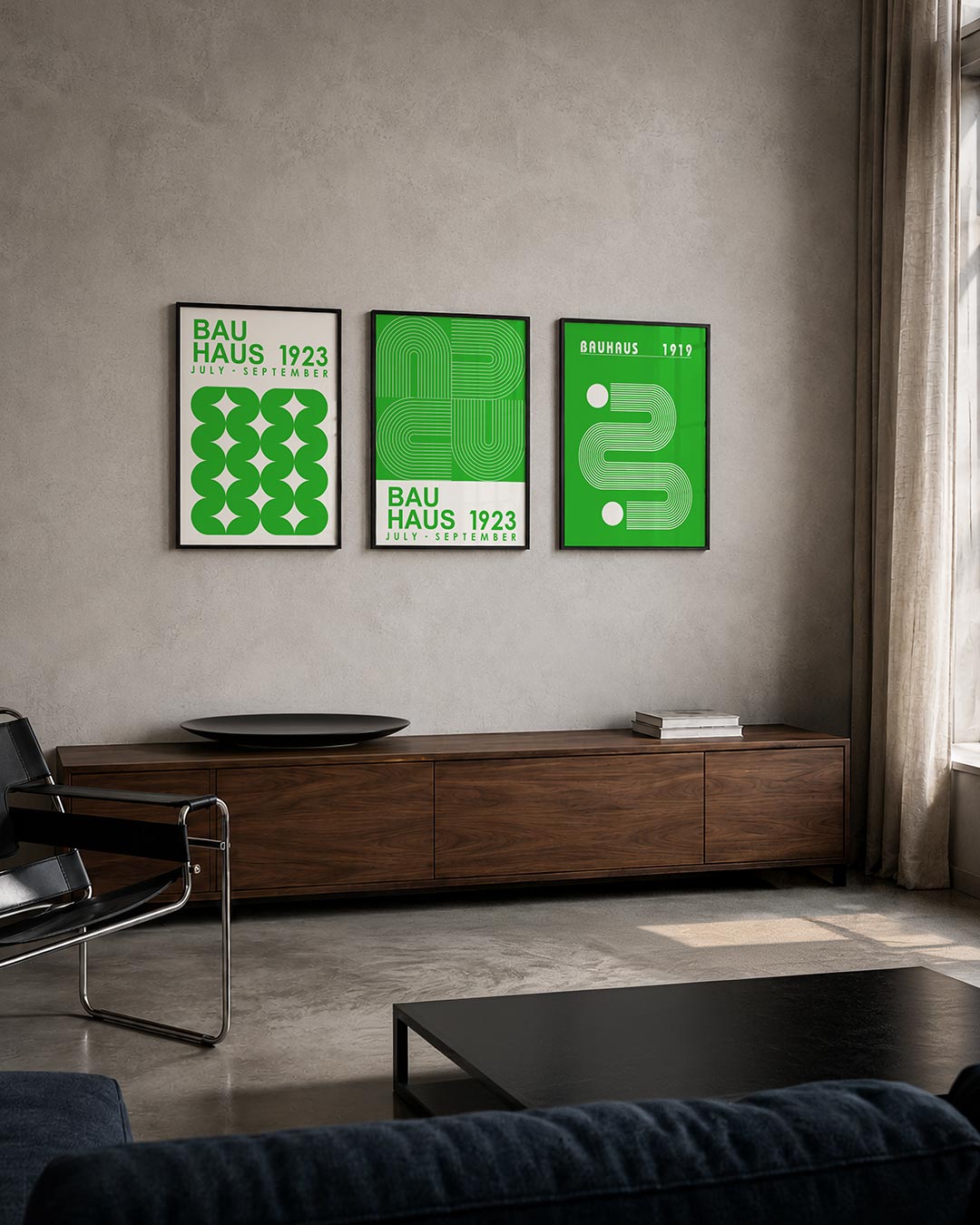 Groene vormritme driedelige posterset – deze posterset in drie delen toont een levendig spel van groene, halve cirkels die