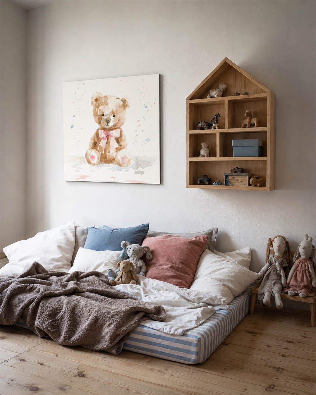 Zachte beer illustratie kunstwerk – derde productweergave – een schattige teddybeer met een roze strik, omgeven door subtiele