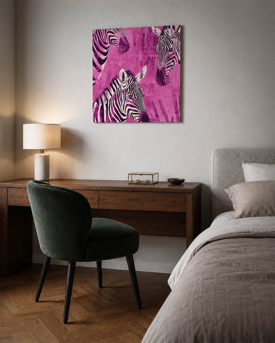 Zebra's in levendige tinten kunstwerk – materiaalweergave – dit werk toont zebra's met opvallende strepen tegen een levendige