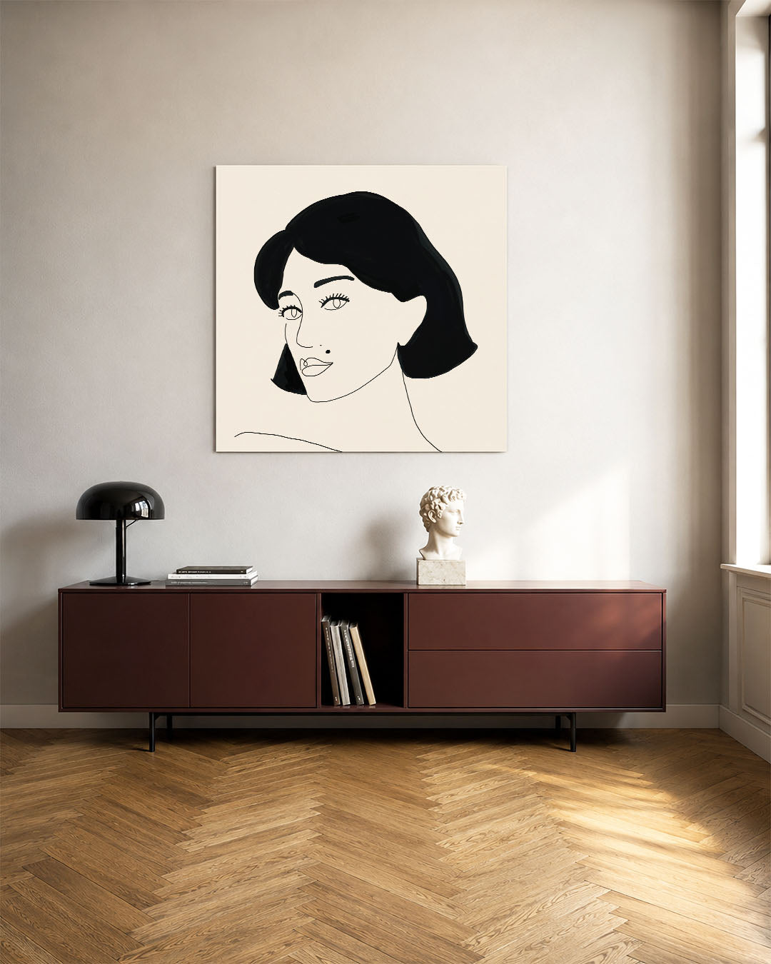 Portret kunstwerk – tweede productweergave – dit werk toont een eenvoudig lijnportret van een vrouw tegen een beige