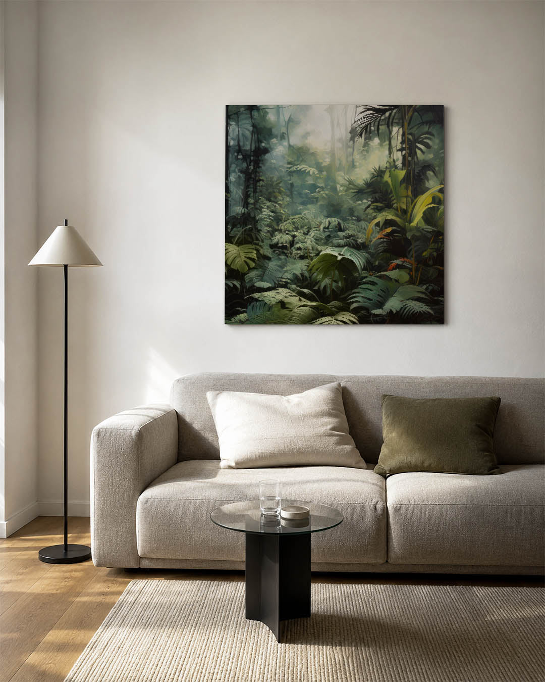 Weelderig bladgroen kunstwerk – detailweergave – dit kunstwerk toont een dichte jungle met weelderige bladeren en een