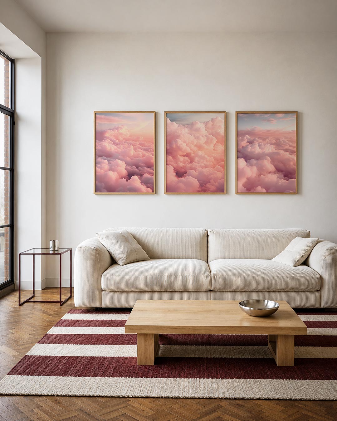 Zacht kleurenspel driedelige posterset – deze compositie toont een zee van roze en perzik wolken,