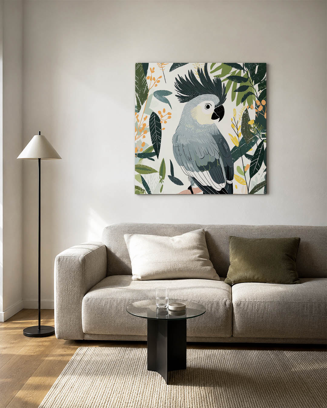 Vrolijke papegaai kunstwerk – detailweergave – dit werk toont een gedetailleerde papegaai omringd door bladeren en bloemen.