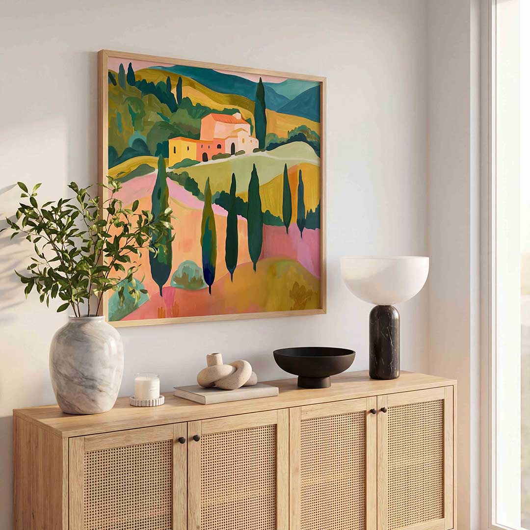 Landschap met cipressen – kunst en design poster in vierkant formaat