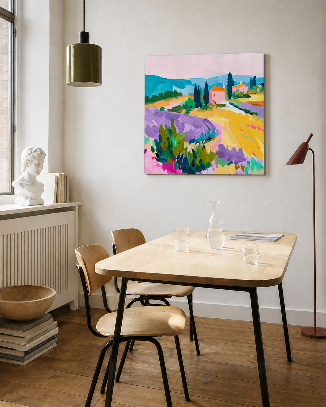 Kleurrijk landschap kunstwerk – vierkante wanddecoratie – dit werk toont een levendig landschap met golvende lijnen en