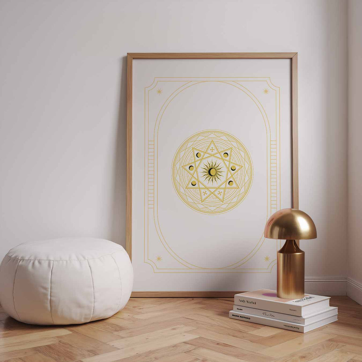 Zon en Maan Fase Mandala – staande muurposter met mindful uitstraling