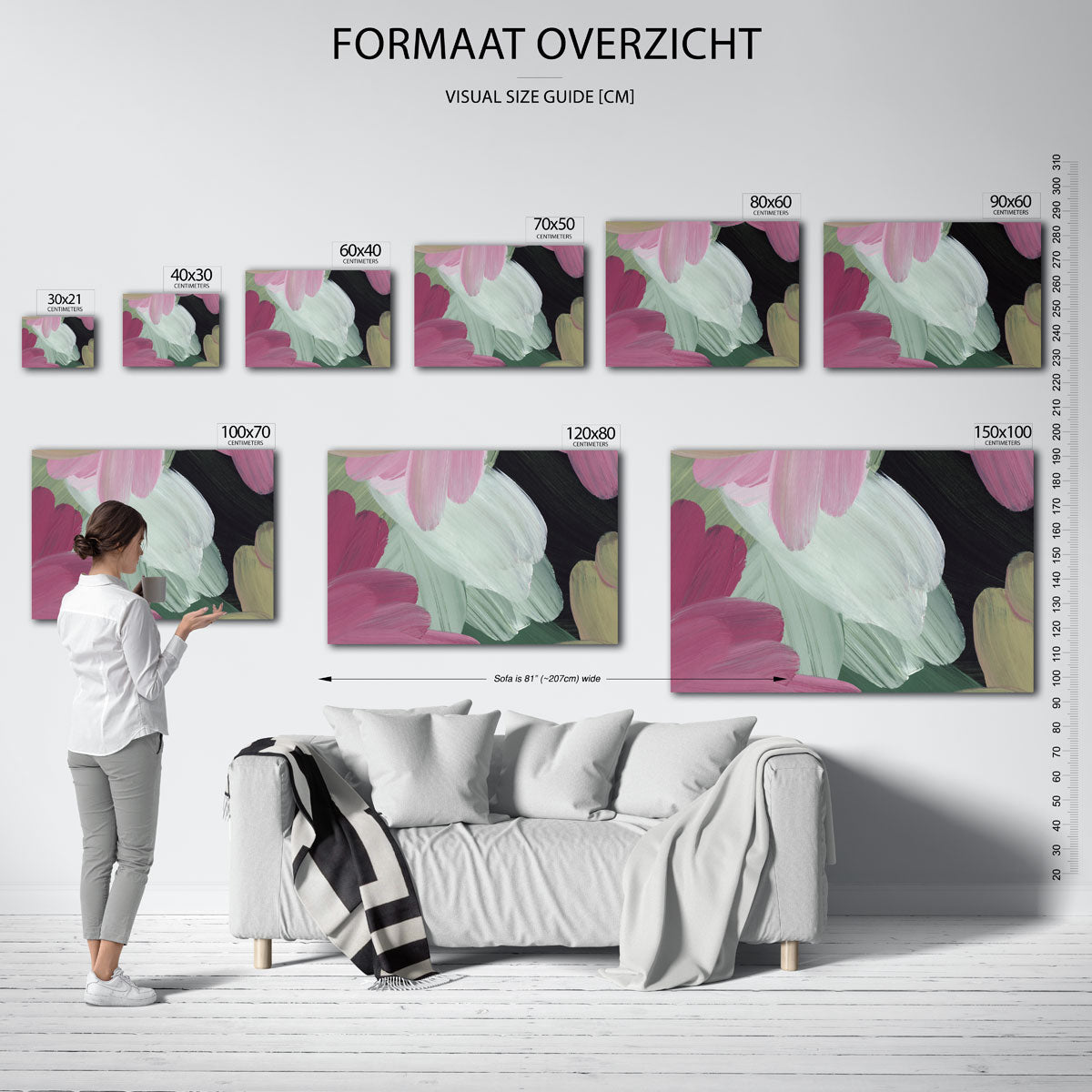 Bloemvormen in roze en groen – liggende muurposter met artistieke uitstraling