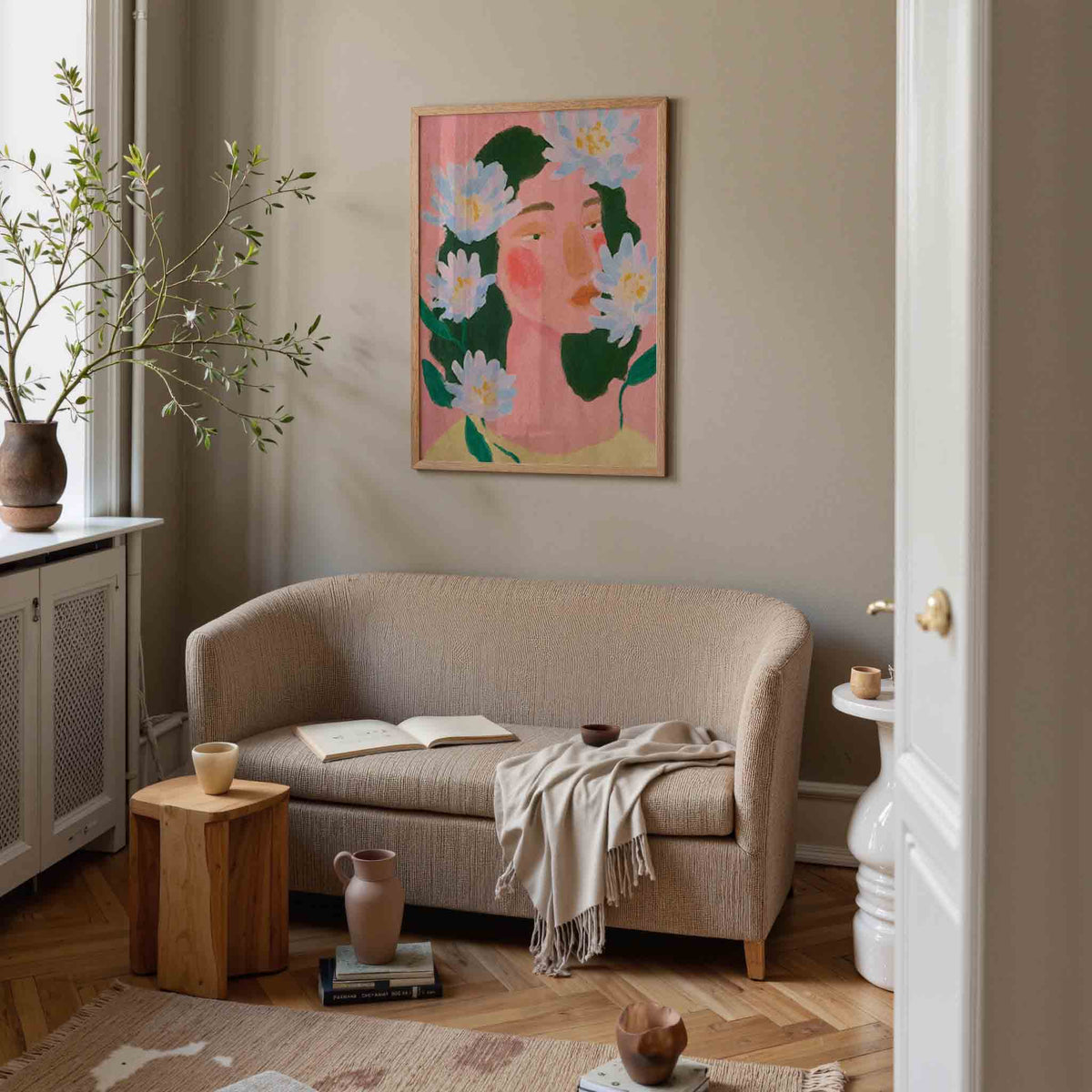 Bloemen en gezicht – pastel poster in staand formaat