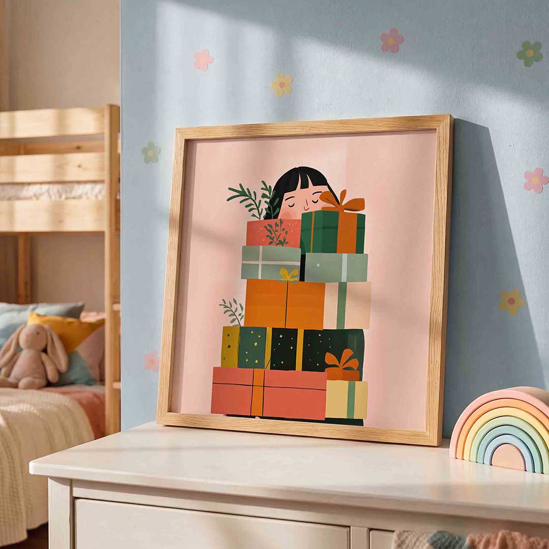 Cadeaus en bladeren – speelse wandkunst als vierkante kinderposter