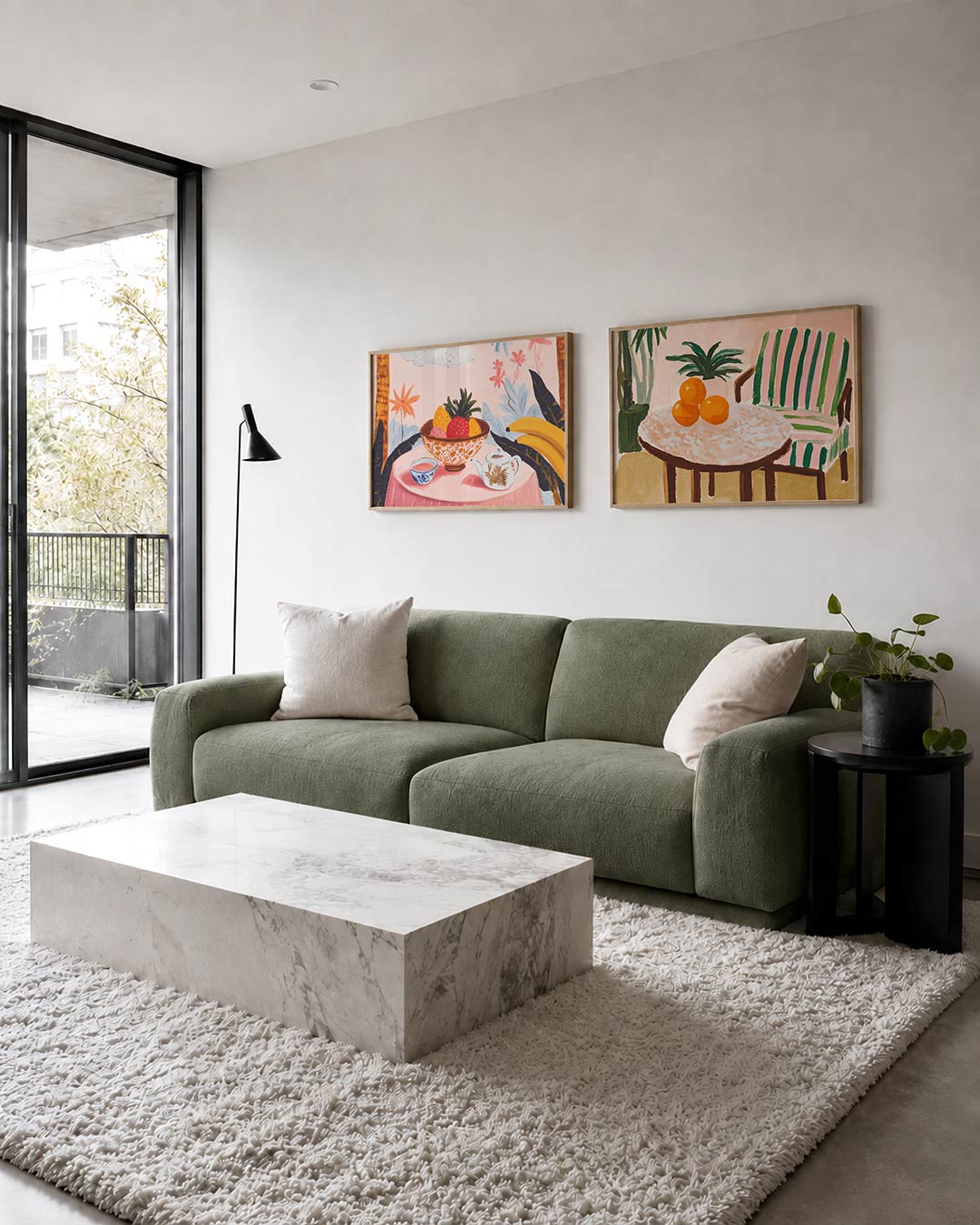 Tweedelige posterset met een fruitschaal, bloemen en een theepot op een roze tafel, getoond in een interieur