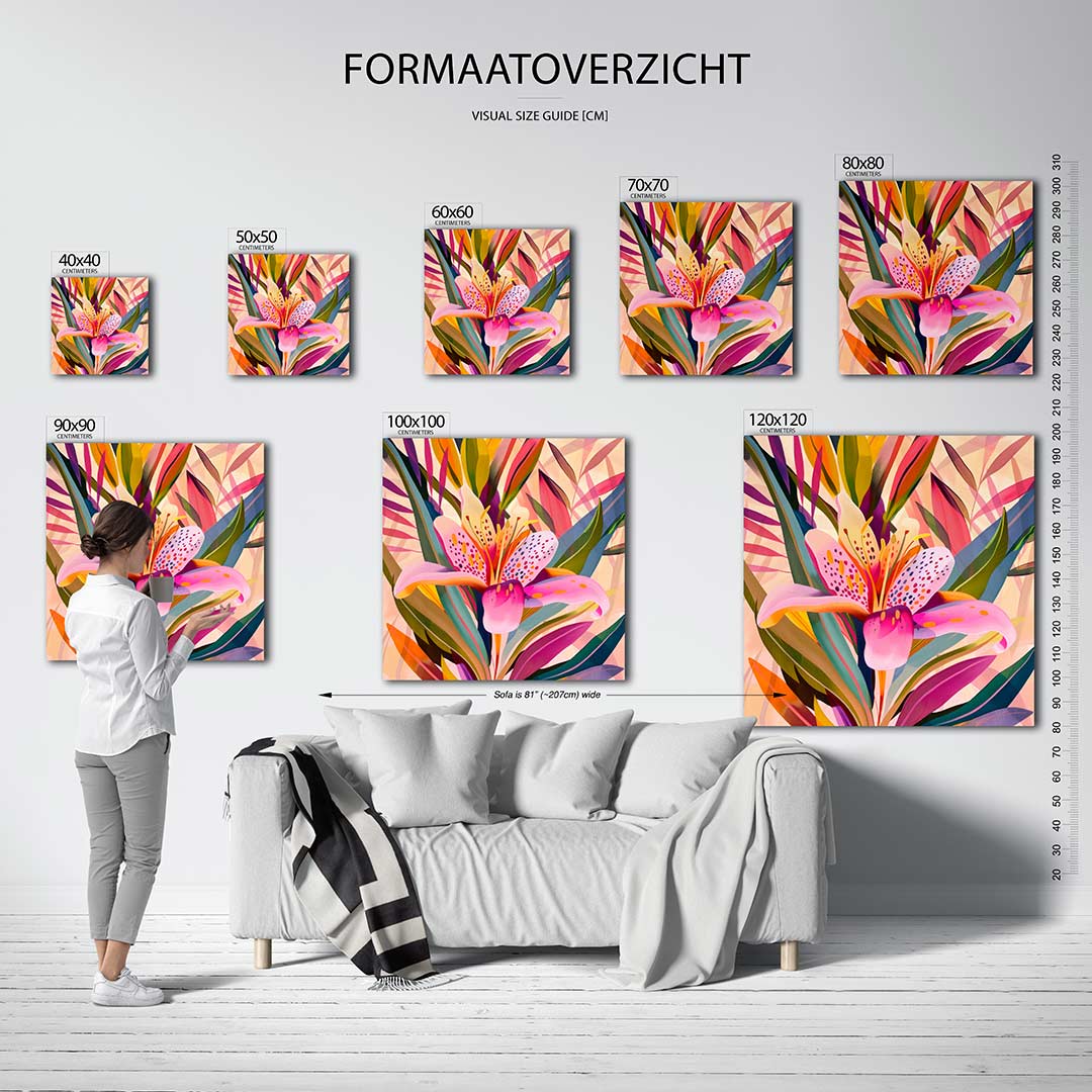Kleurrijke bloemvormen kunstwerk – sfeerbeeld – dit werk toont een levendige compositie van overlappende bloemvormen in
