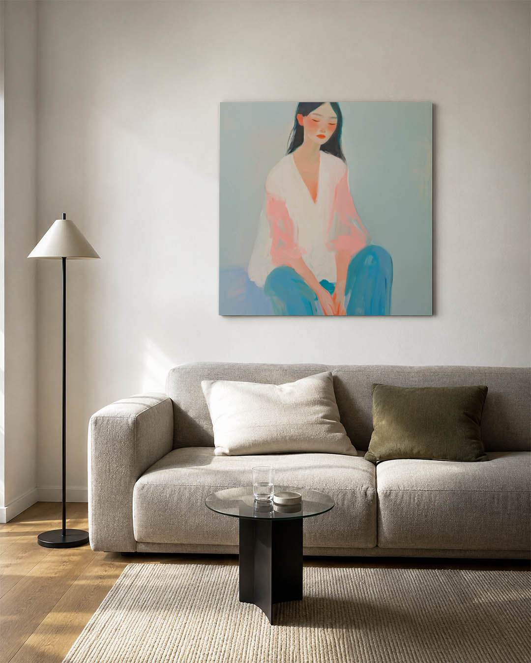 Dromerige vrouwenzitting kunstwerk – vierkante wanddecoratie – dit werk toont een vrouw in een serene pose met zachte