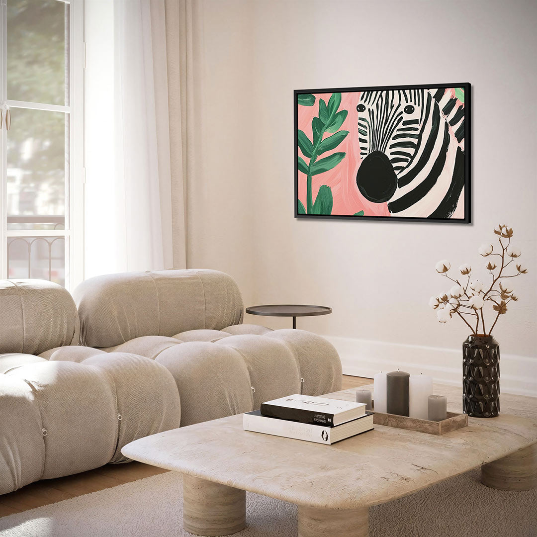 Zebra en bladeren – Liggende wanddecoratie – alternatieve weergave van het kunstwerk