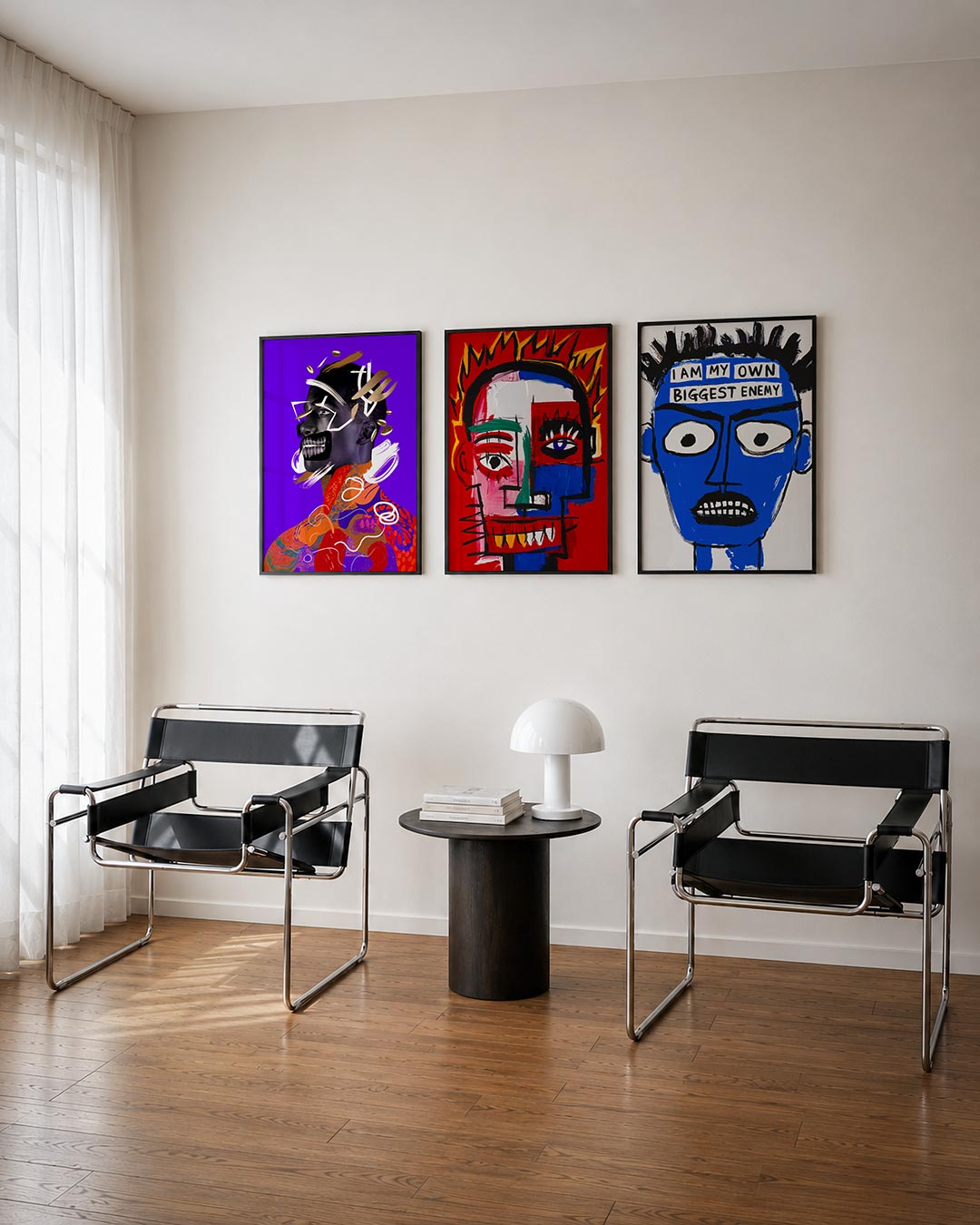 Kleurrijke vormenmix driedelige posterset – een levendig portret met een mix van felle kleuren en