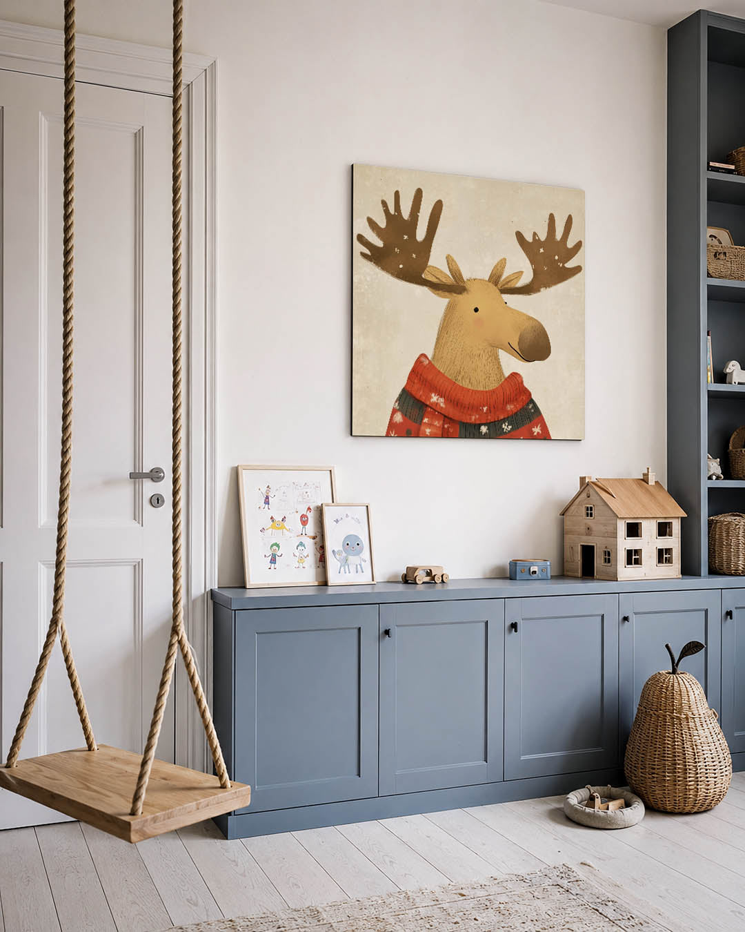 Vrolijke eland illustratie kunstwerk – vierkante wanddecoratie – dit werk toont een eland met grote geweien, gekleed in een