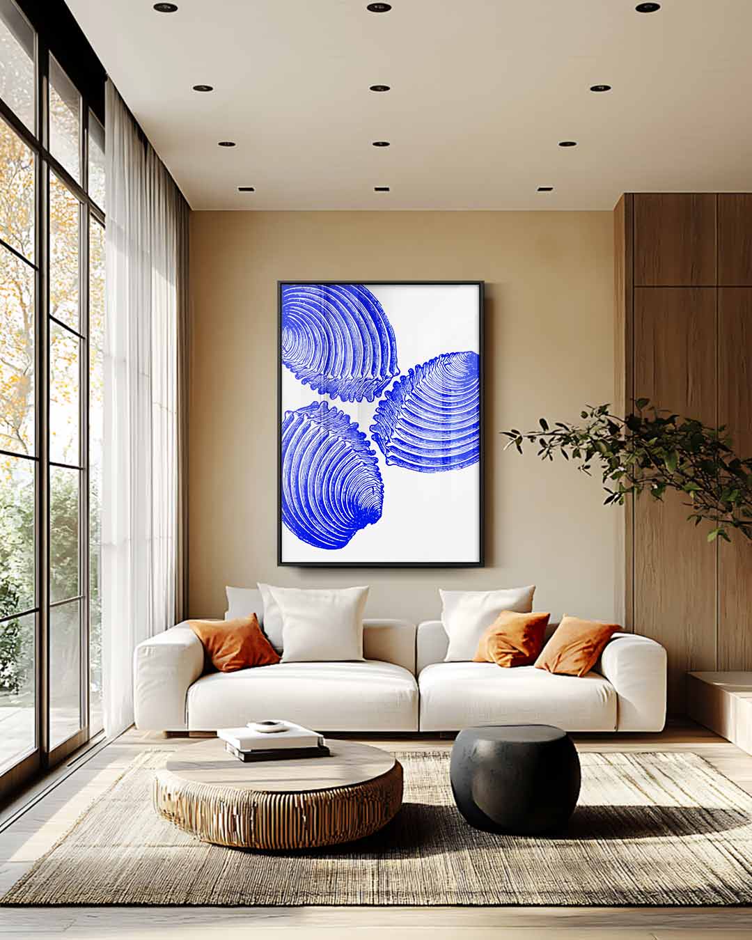 Blauwe Schelp Trio Kunstwerk – staand kunstwerk voor modern interieur