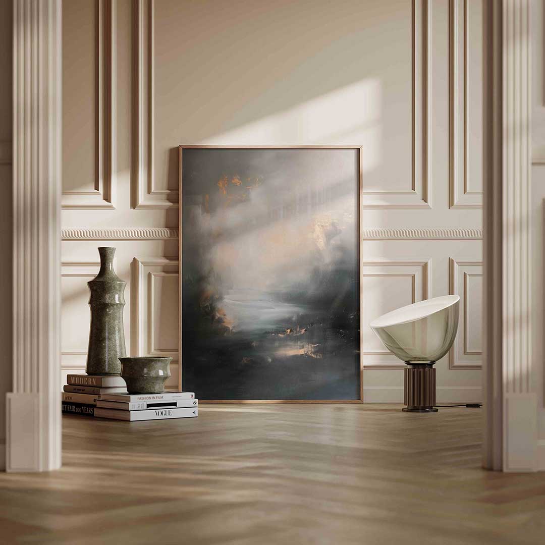Abstracte grijze en beige – staande abstracte textuur wanddecoratie van WallArtistic
