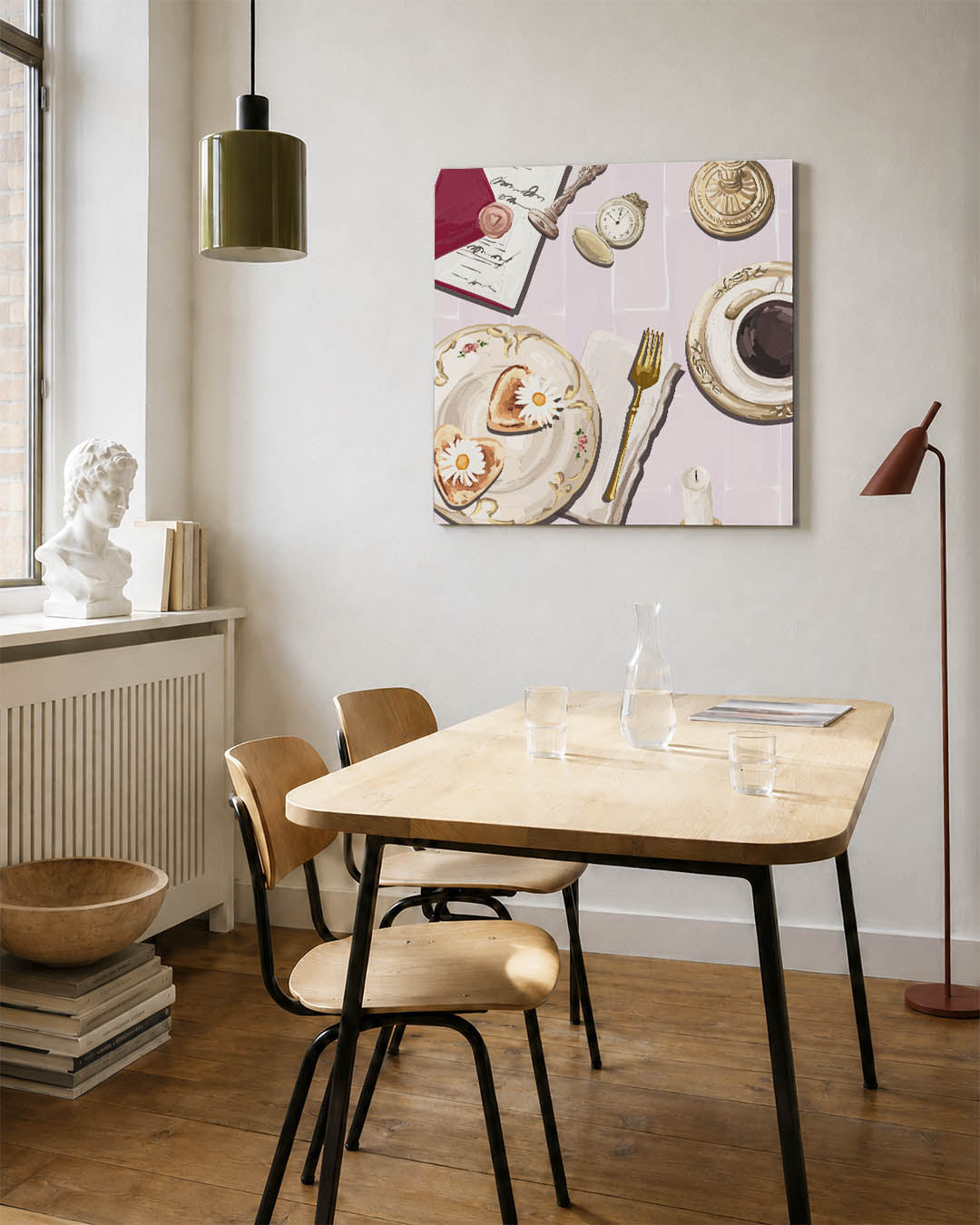 Ontbijtscène kunstwerk – detailweergave – dit werk toont een ontbijtscène met delicate serviesstukken, een gouden vork en een