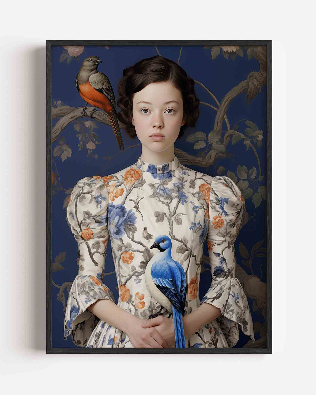 Meisje met vogels – botanische portret poster als wanddecoratie