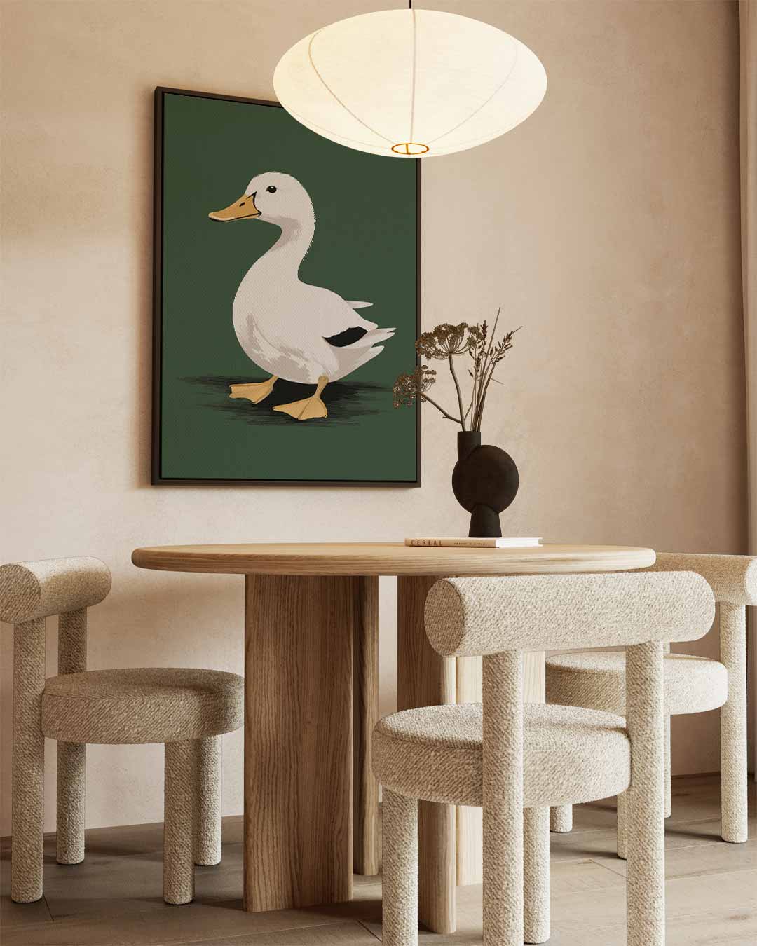 Vrolijke Eend op Donkergroene Achtergrond – staand kunstwerk voor modern interieur