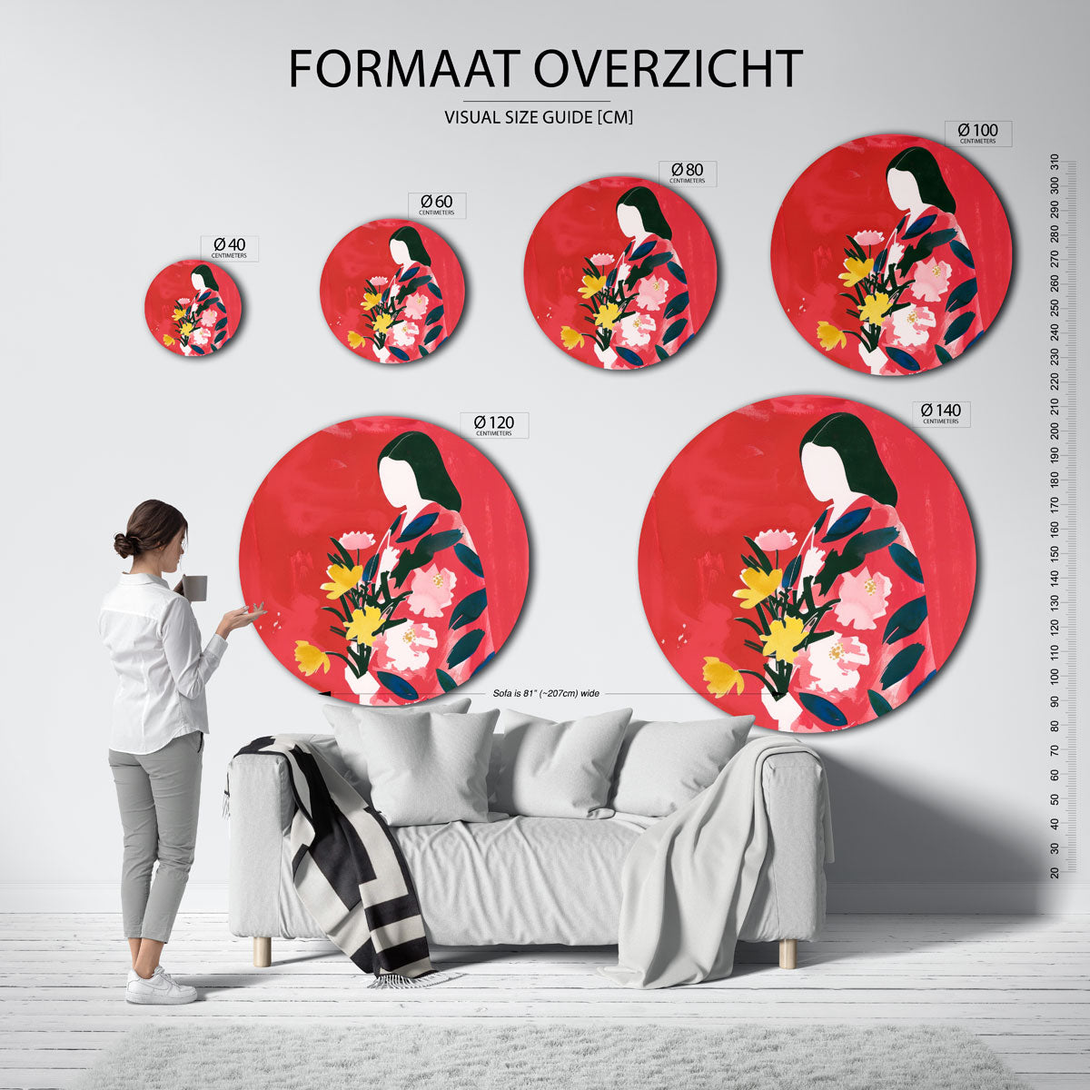 Vrouw met bloemen – geïllustreerde wandkunst als moderne muurcirkel