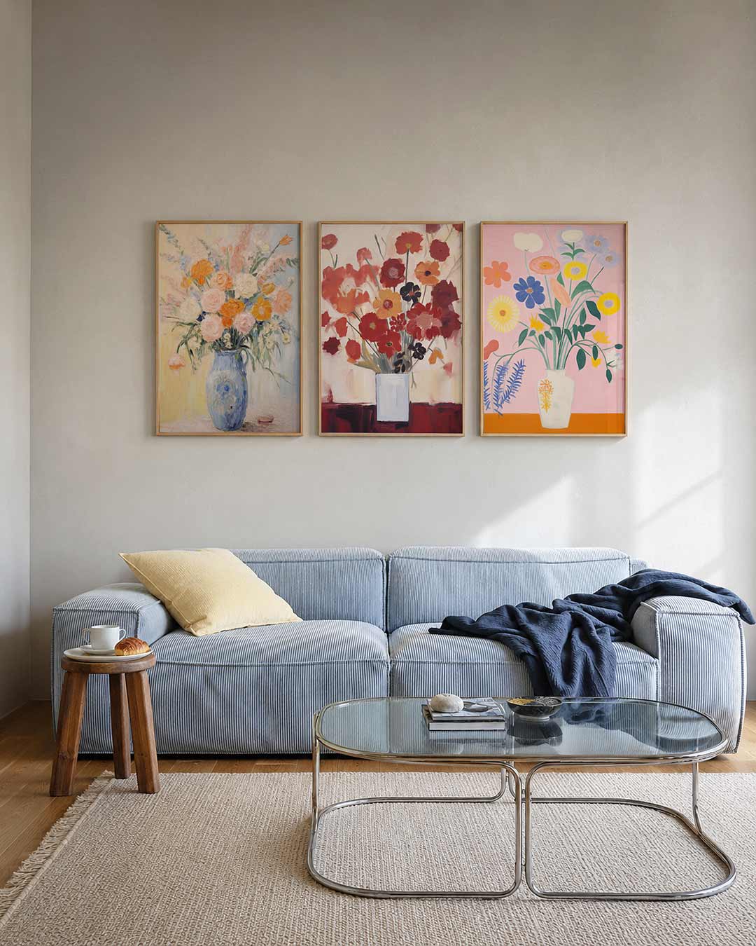 Bloemrijke kleurenpracht posterset – tweede productweergave – een vaas vol levendige bloemen in zachte pastelkleuren