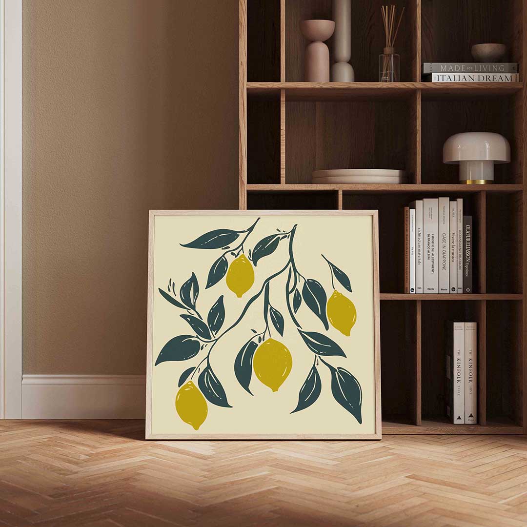 Citroen en bladeren – vierkante wanddecoratie met kleur en vorm van WallArtistic
