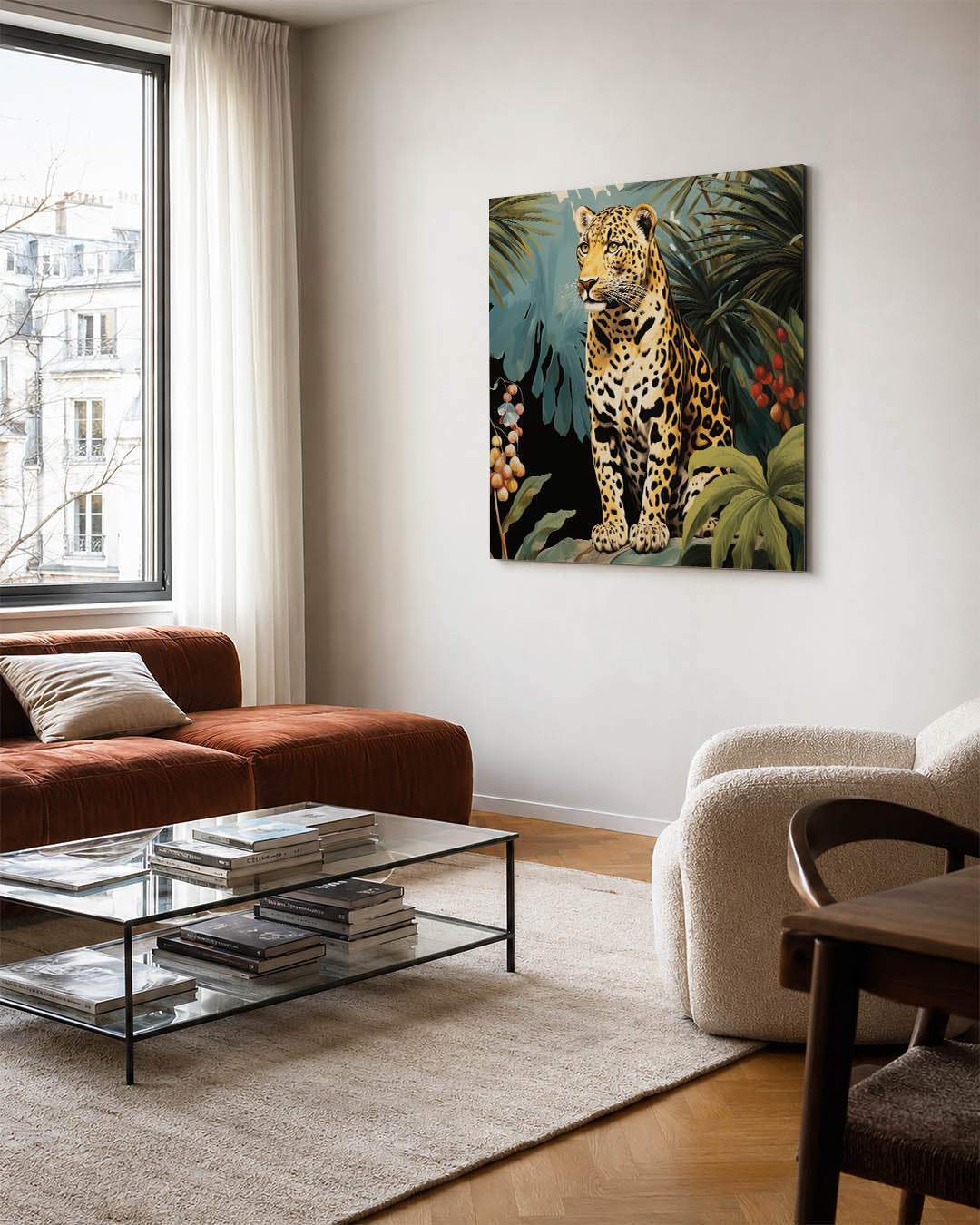 Tropische dierenwereld kunstwerk – vierkante wanddecoratie – dit kunstwerk toont een majestueuze luipaard te midden van