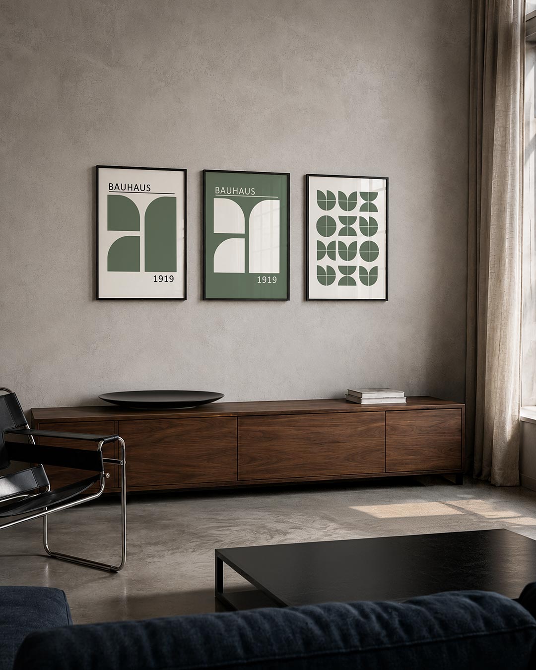 Vorm en balans driedelige posterset – deze posterset in drie delen toont een spel van halve cirkels en rechthoeken in een