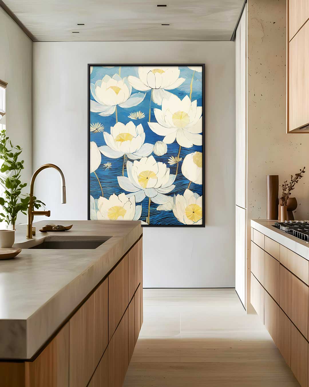 Bloeiende Waterlelies op Blauw – staand kunstwerk voor modern interieur