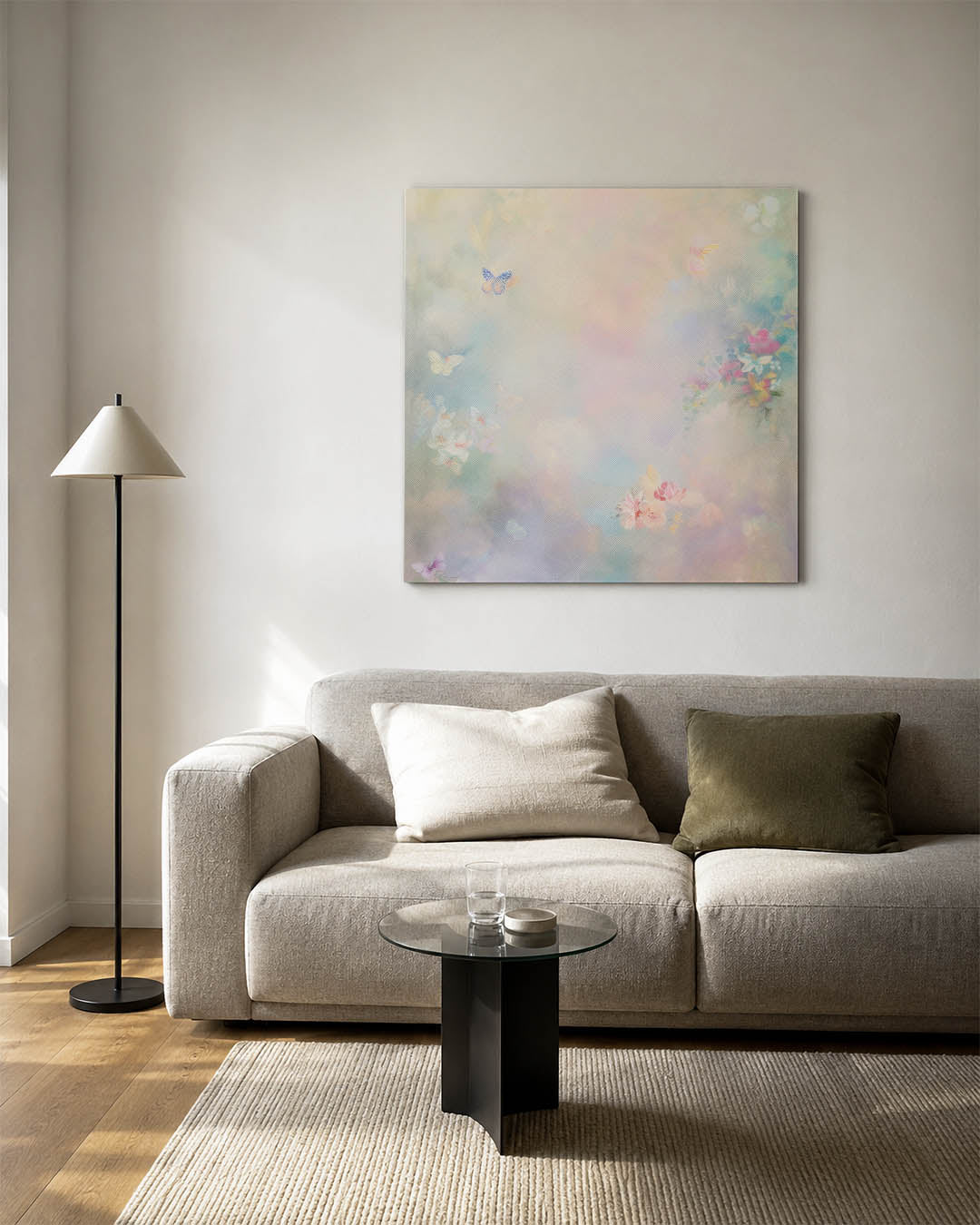 Dromerige vlinders kunstwerk – vierkante wanddecoratie – dit kunstwerk toont een zachte compositie van vlinders en bloemen in