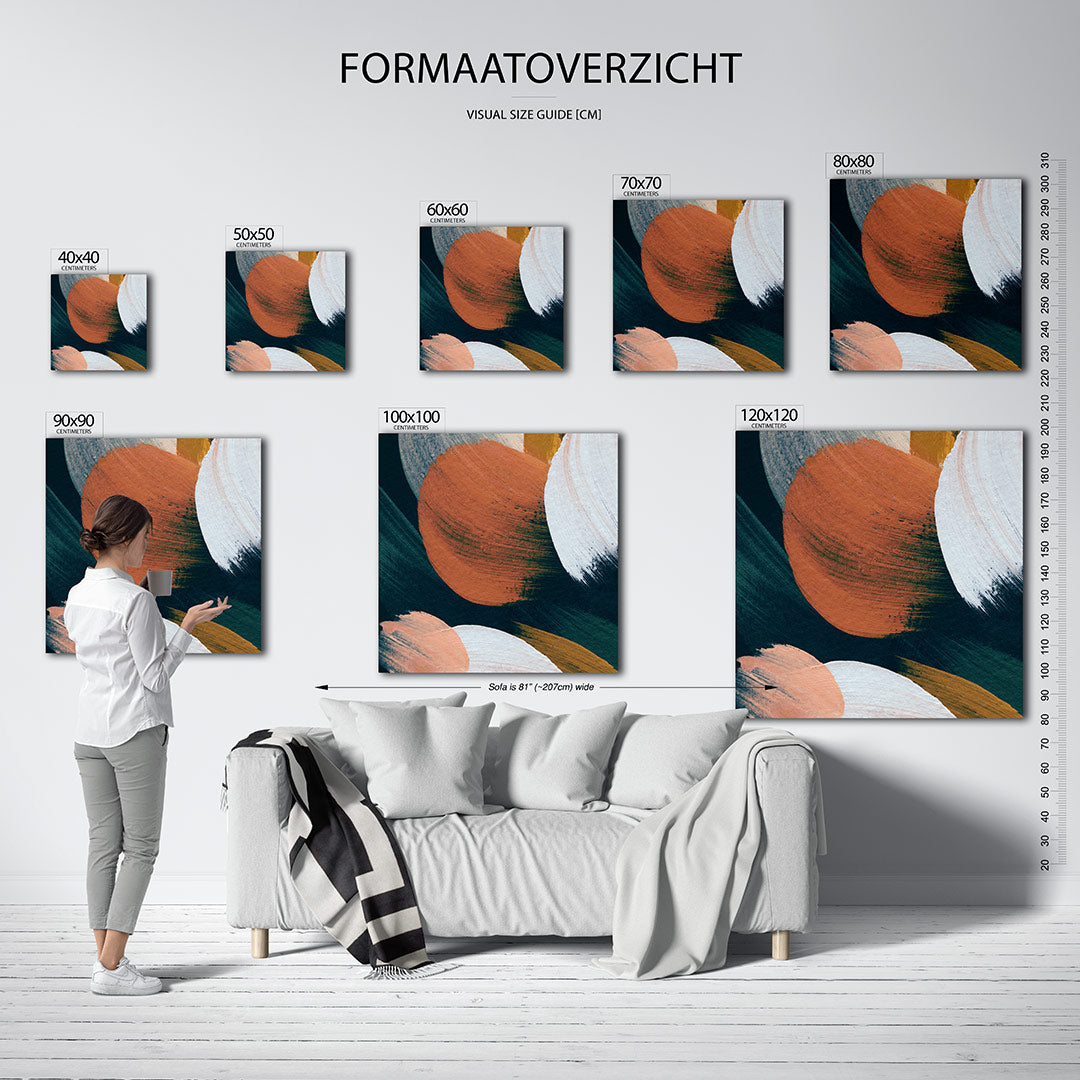 Dynamische kleurvlakken kunstwerk – dit kunstwerk toont grote, overlappende kleurvlakken in blauw, oranje en wit. De
