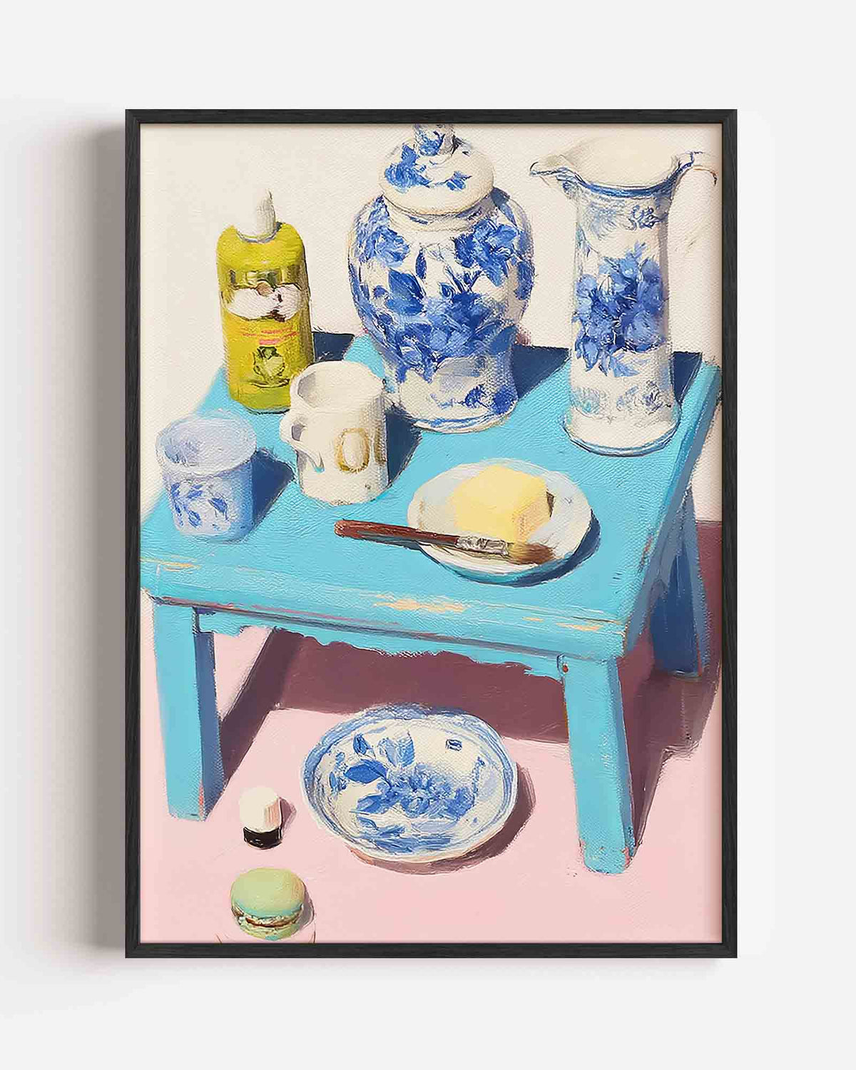 Blauw witte servies op blauwe tafel – dromerige illustratie poster als wanddecoratie