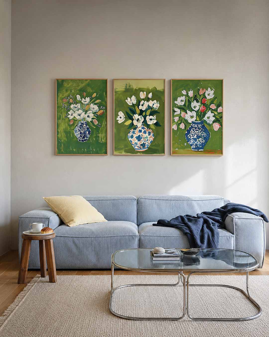 Bloemen en vaas posterset – tweede productweergave – een levendige compositie van witte bloemen in een