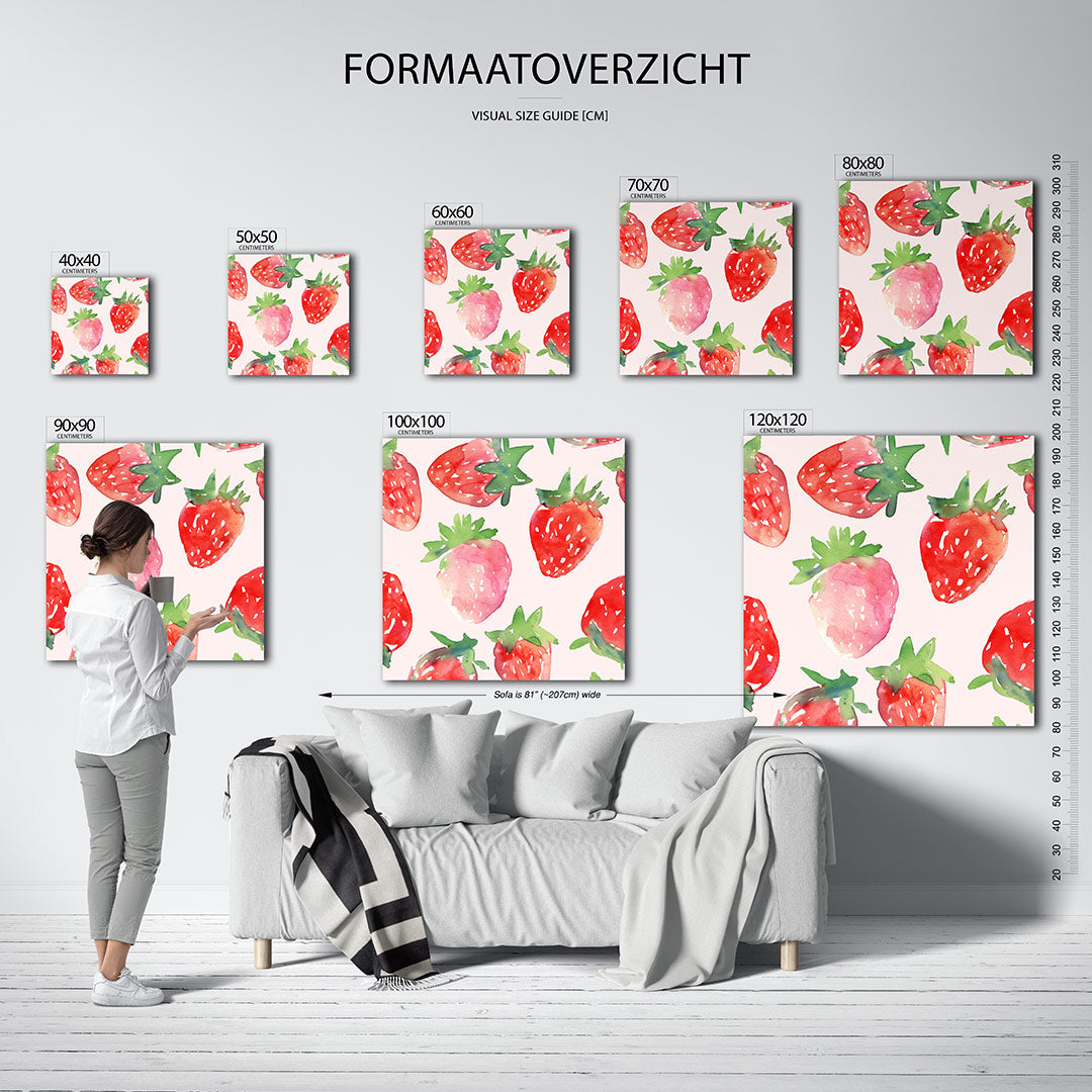 Aardbeienpatroon kunstwerk – sfeerbeeld – dit werk toont een speels patroon van aardbeien in levendige kleuren. De techniek
