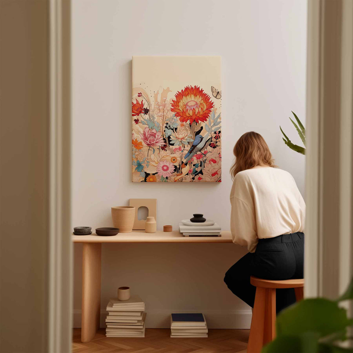 Vrolijke Bloemnatuur met Blauwe Vogel – plexiglas wanddecoratie in portret formaat